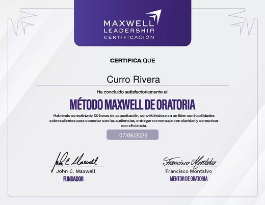 Certificado Método Maxwell de Oratoria, 30 horas, junio de 2026